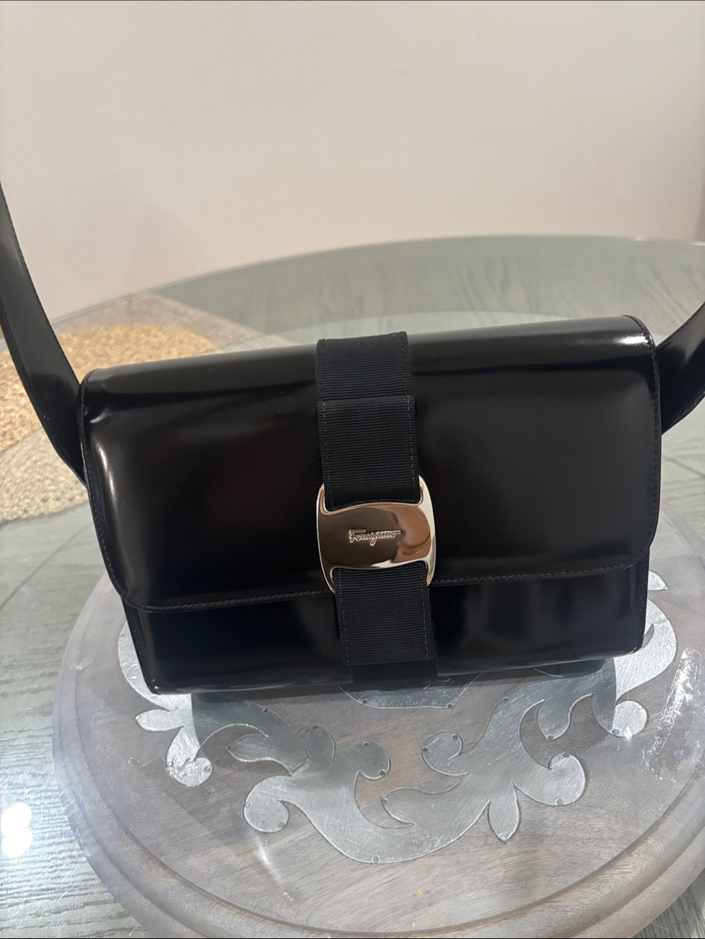 Salvatore Ferragamo Black Patent Leather shoulder Bag with Signature Buckle